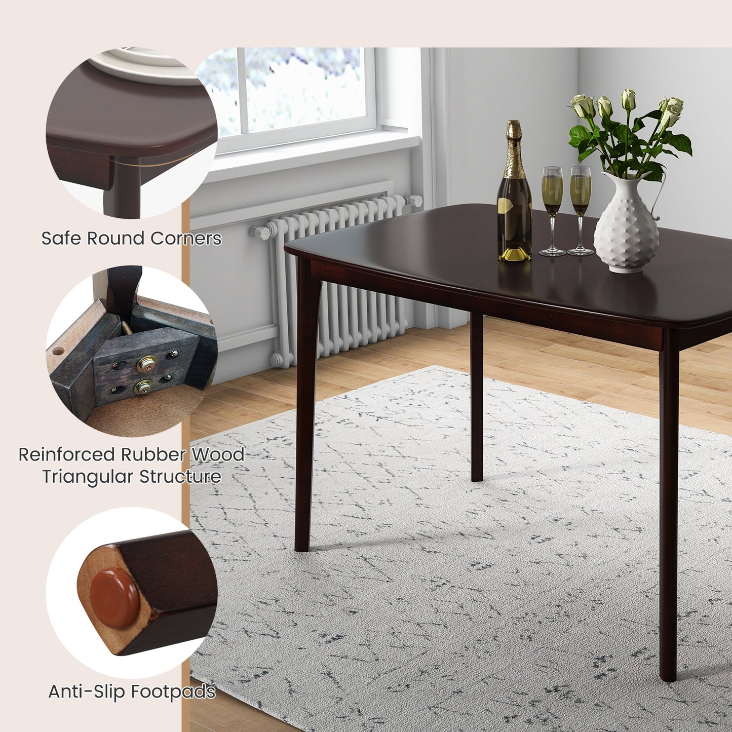 Classic 48 Inch Rectangular Dining Table with Solid Wood Legs and Smooth Finish - Espresso
