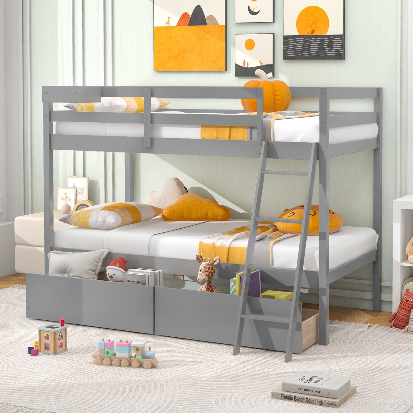Space-Saving Twin Over Twin Bunk Bed with Storage Drawers and Ladder - Grey