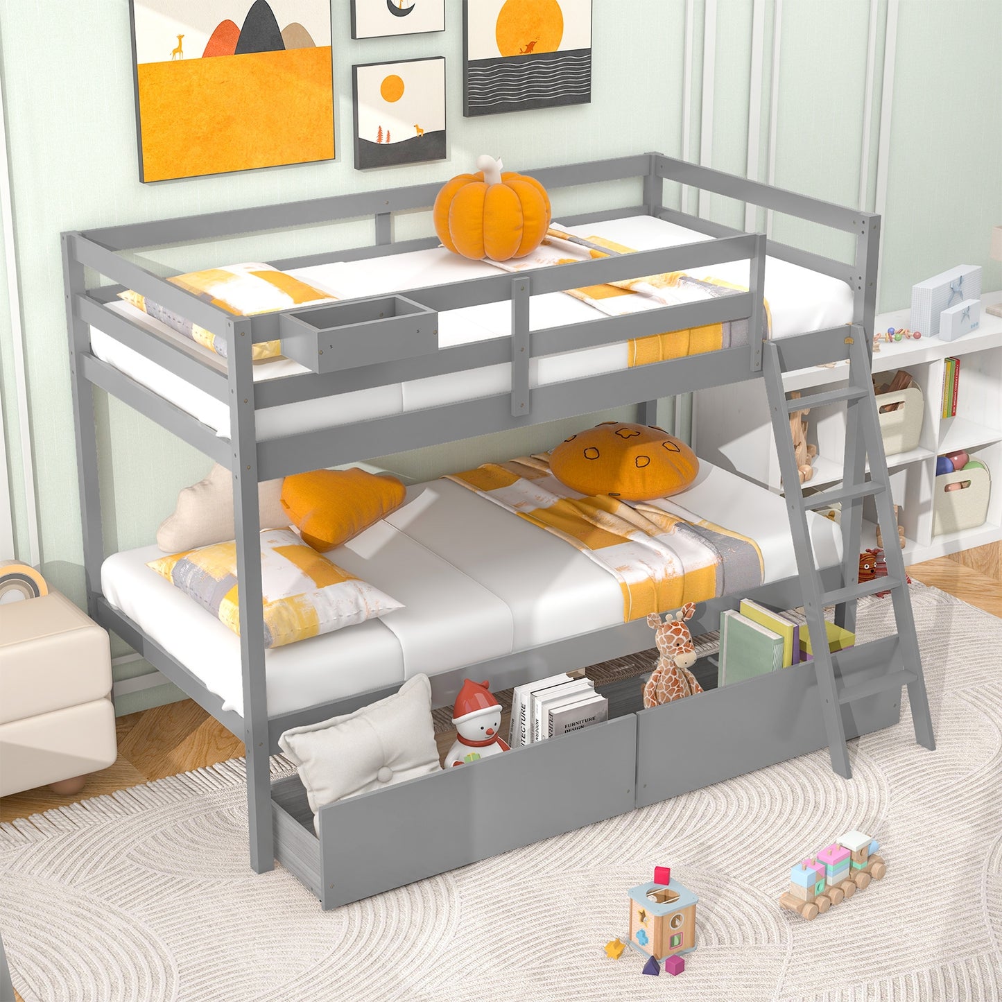 Space-Saving Twin Over Twin Bunk Bed with Storage Drawers and Ladder - Grey