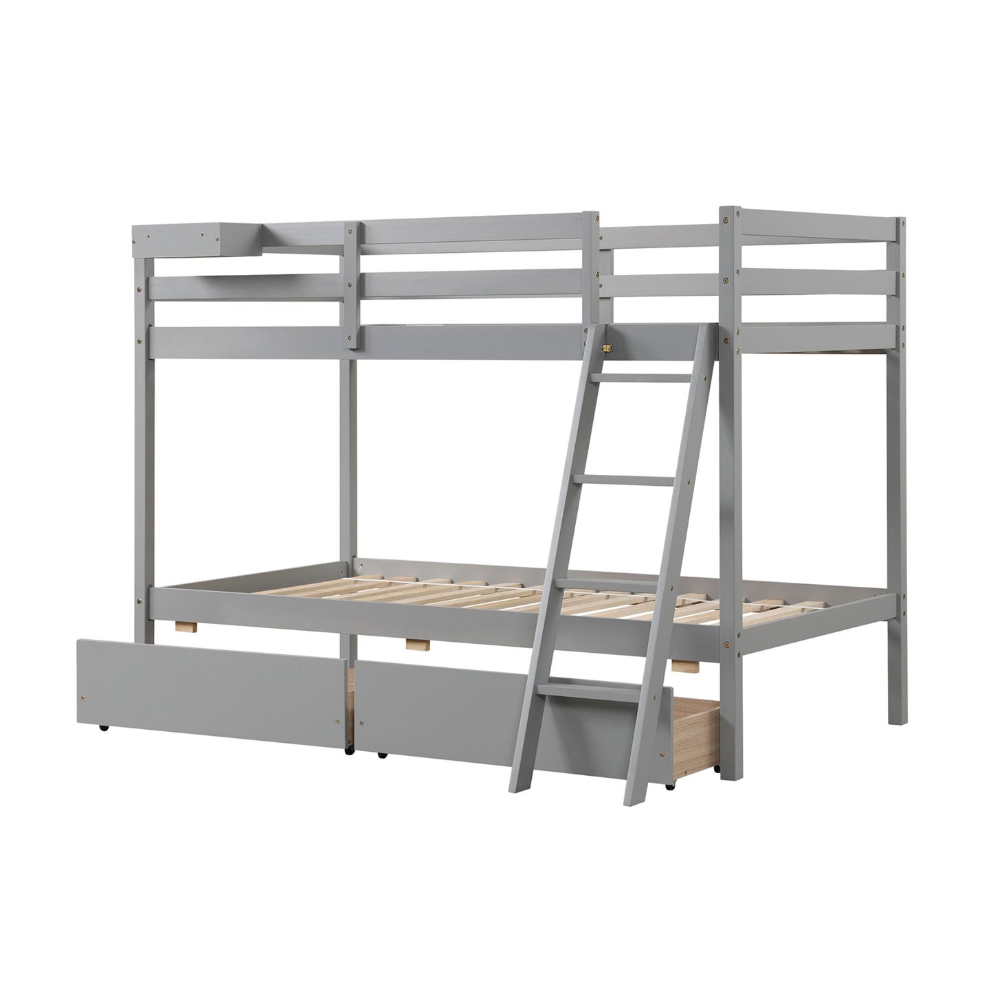Space-Saving Twin Over Twin Bunk Bed with Storage Drawers and Ladder - Grey