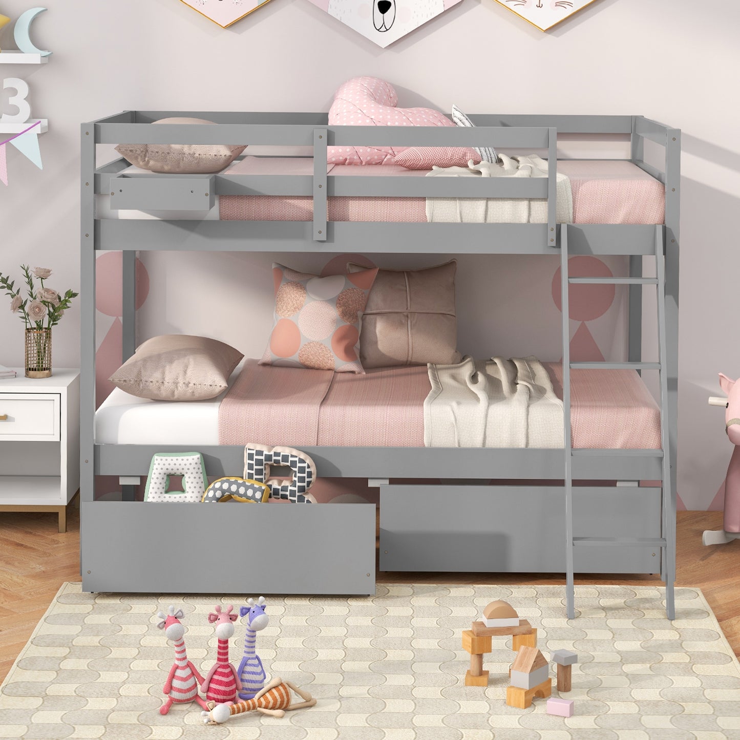 Space-Saving Twin Over Twin Bunk Bed with Storage Drawers and Ladder - Grey