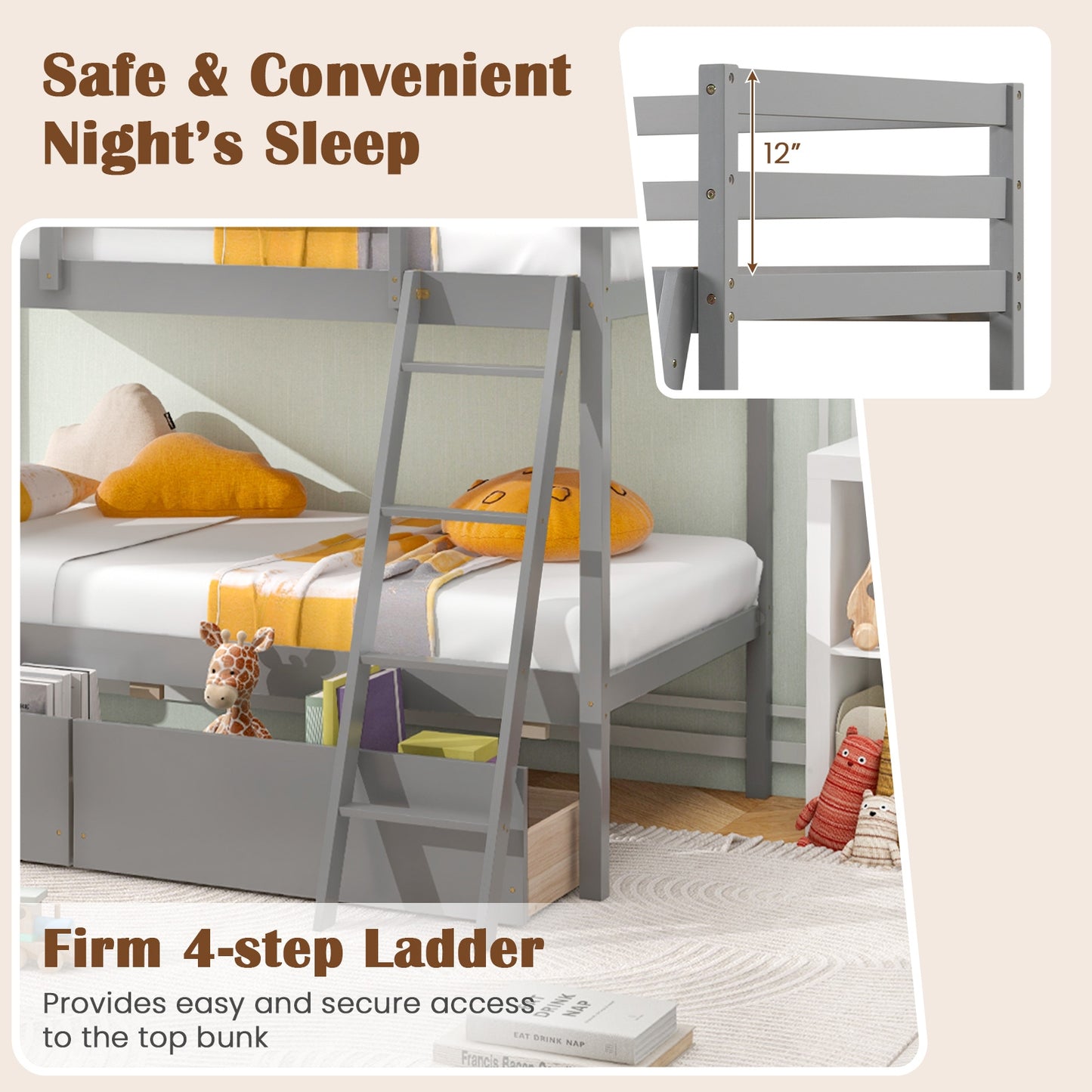 Space-Saving Twin Over Twin Bunk Bed with Storage Drawers and Ladder - Grey