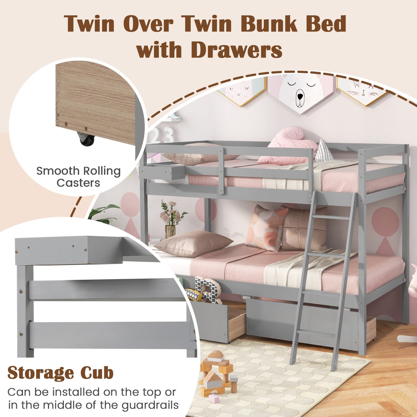 Space-Saving Twin Over Twin Bunk Bed with Storage Drawers and Ladder - Grey