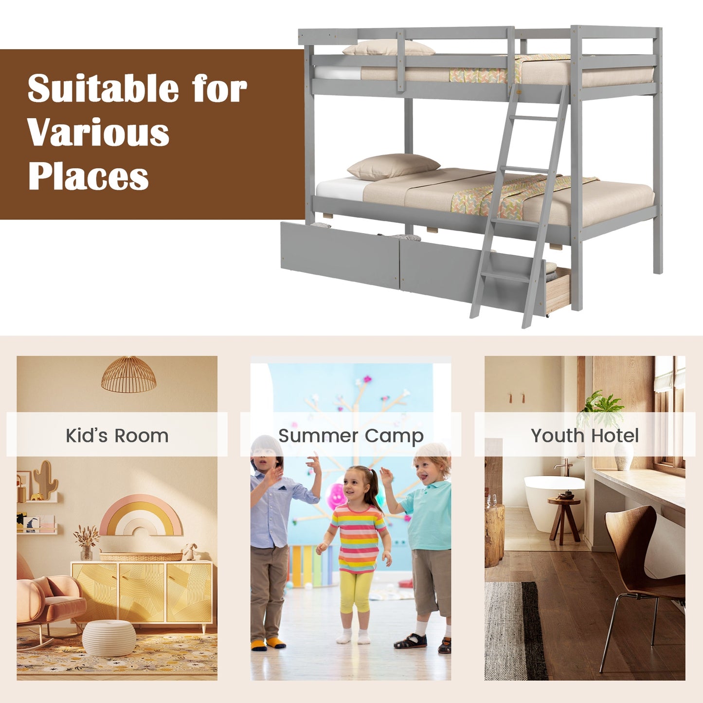 Space-Saving Twin Over Twin Bunk Bed with Storage Drawers and Ladder - Grey