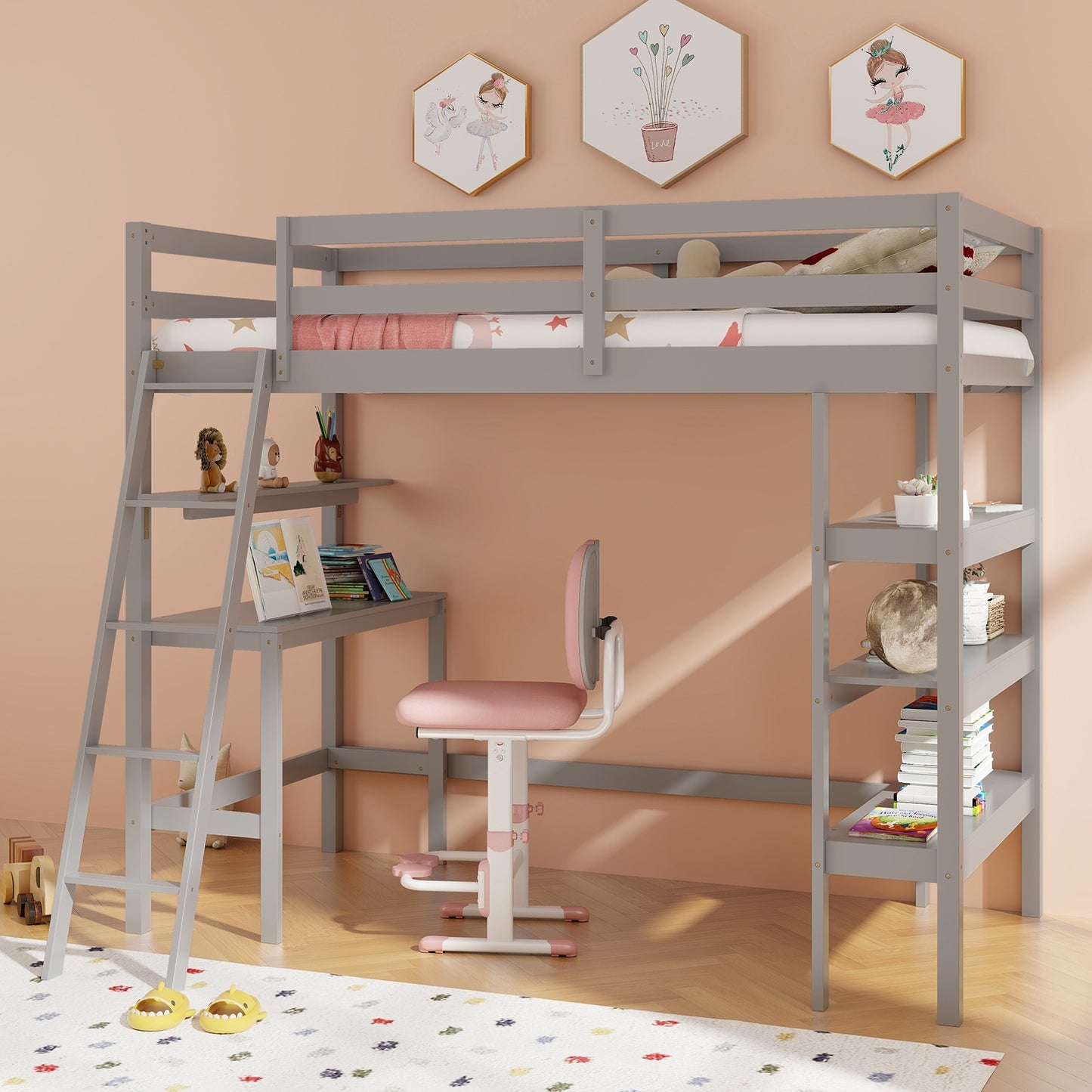 Solid Wood Twin Loft Bed with Desk and Storage Shelves for Kids and Teens - Grey