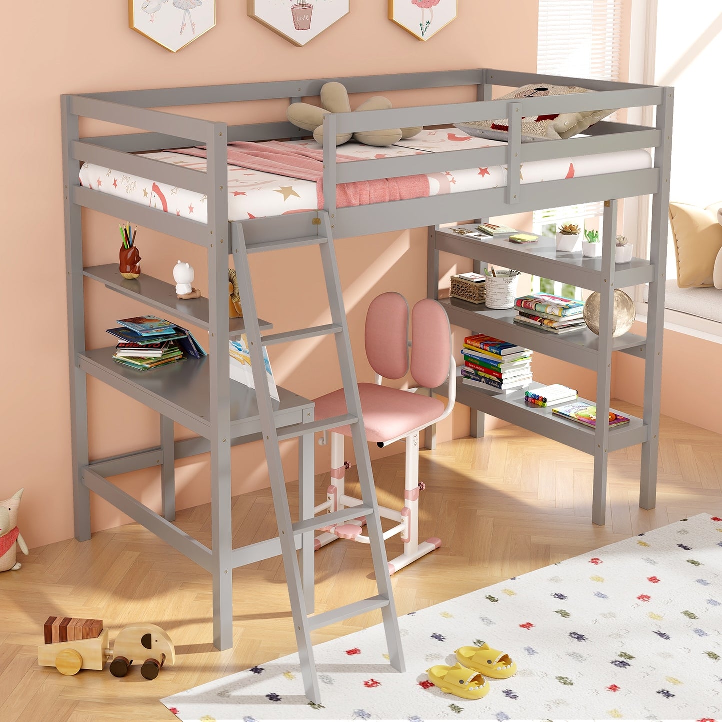 Solid Wood Twin Loft Bed with Desk and Storage Shelves for Kids and Teens - Grey