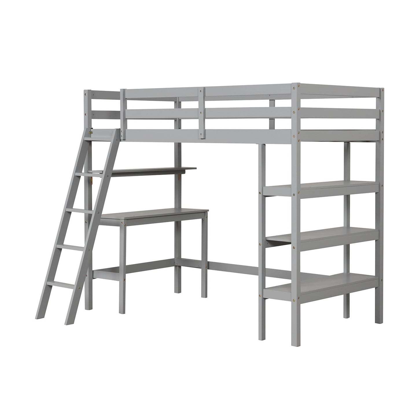Solid Wood Twin Loft Bed with Desk and Storage Shelves for Kids and Teens - Grey