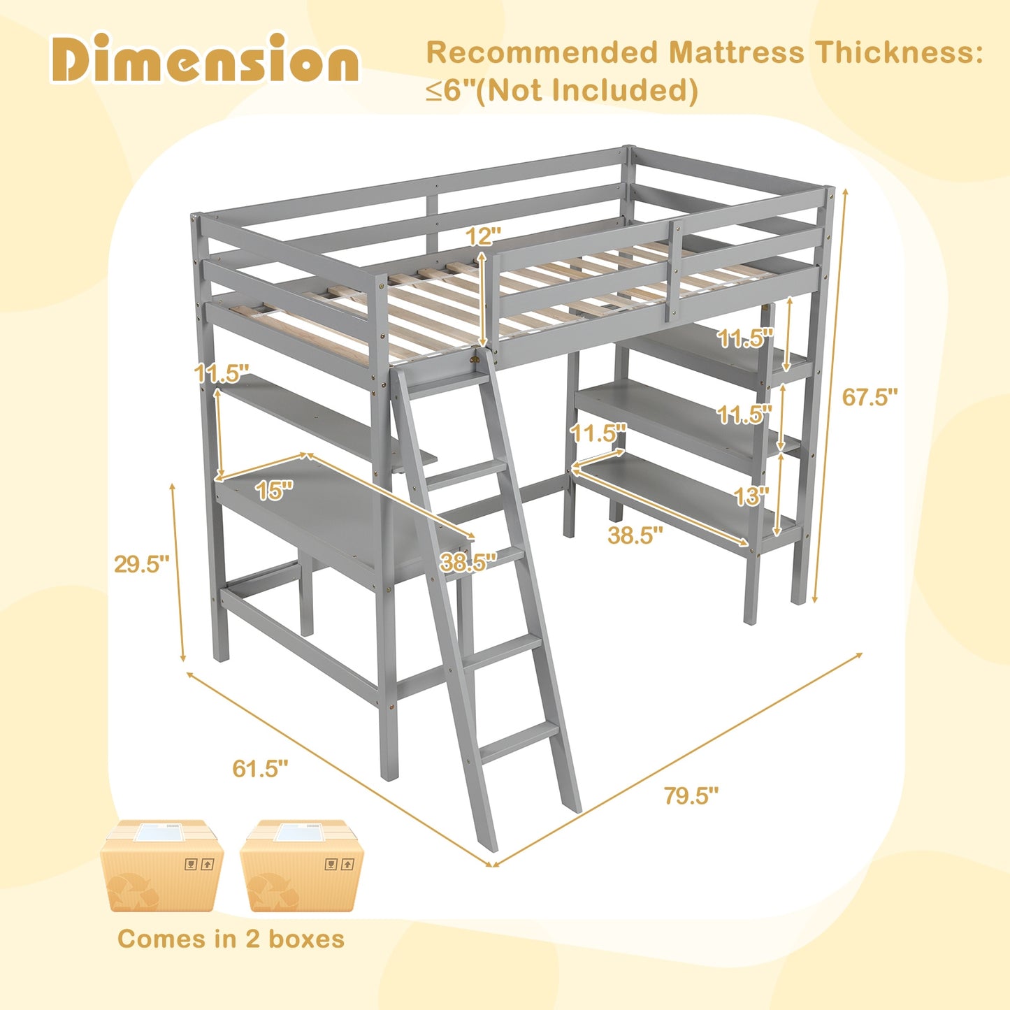 Solid Wood Twin Loft Bed with Desk and Storage Shelves for Kids and Teens - Grey
