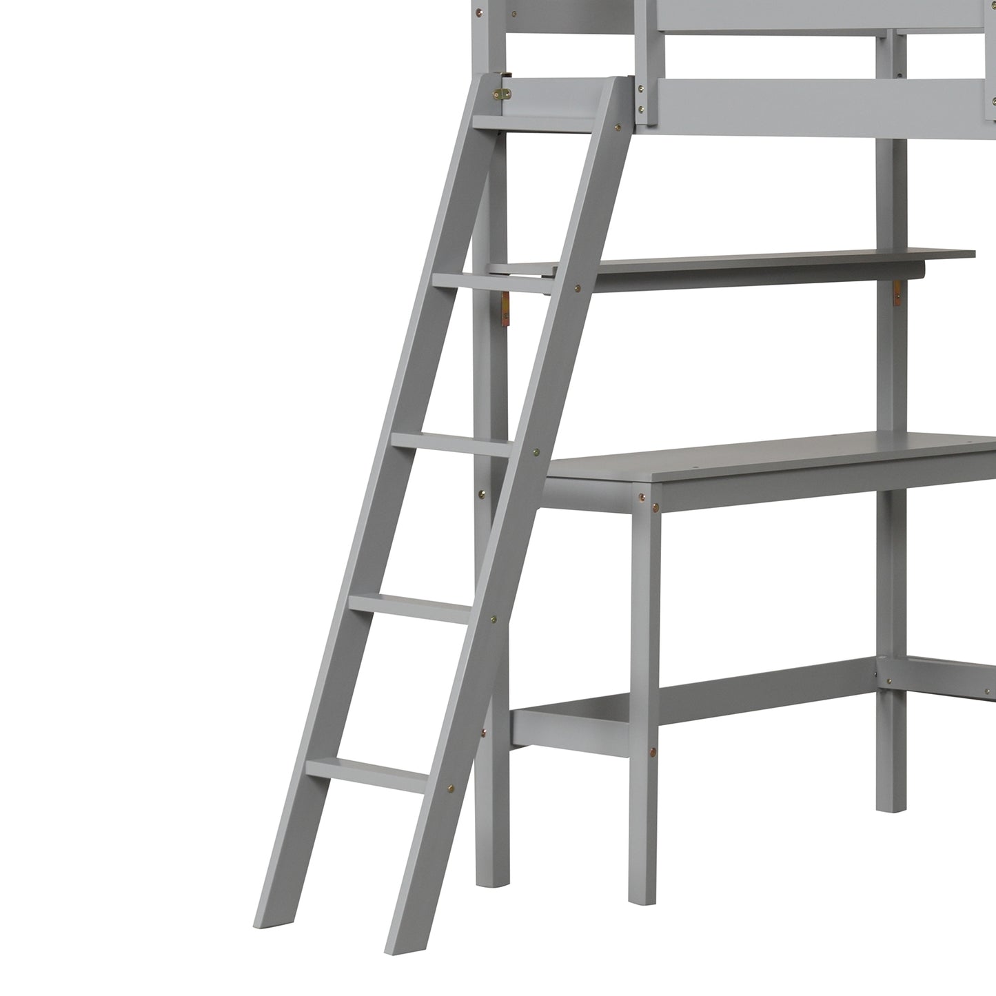 Solid Wood Twin Loft Bed with Desk and Storage Shelves for Kids and Teens - Grey