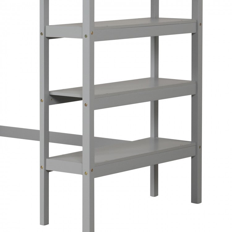 Solid Wood Twin Loft Bed with Desk and Storage Shelves for Kids and Teens - Grey