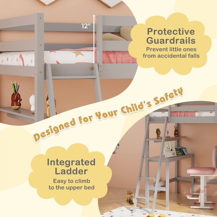Solid Wood Twin Loft Bed with Desk and Storage Shelves for Kids and Teens - Grey