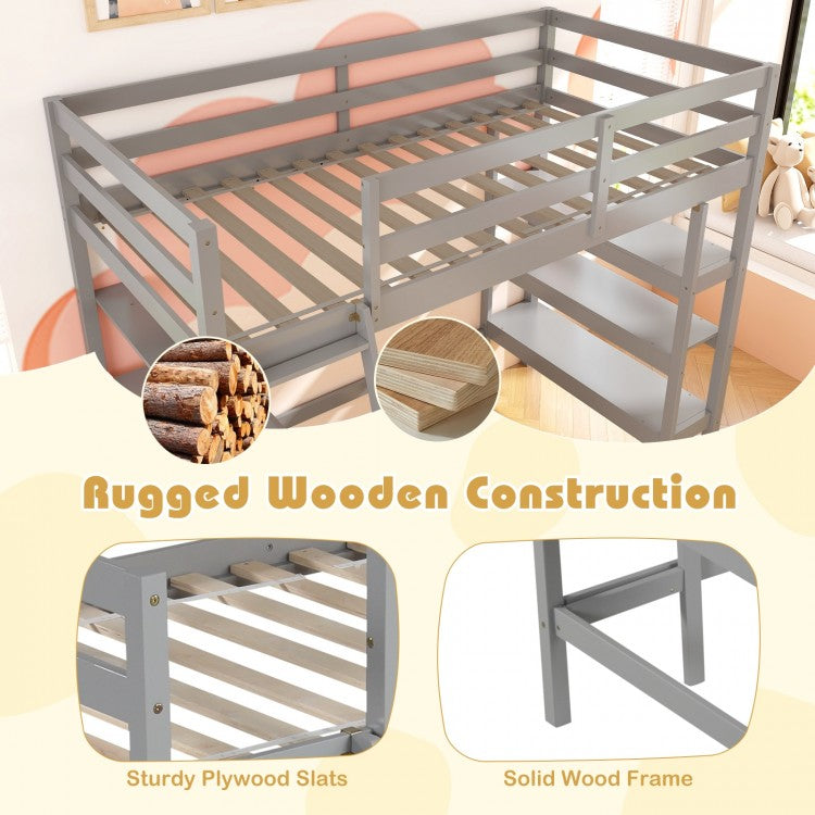 Solid Wood Twin Loft Bed with Desk and Storage Shelves for Kids and Teens - Grey