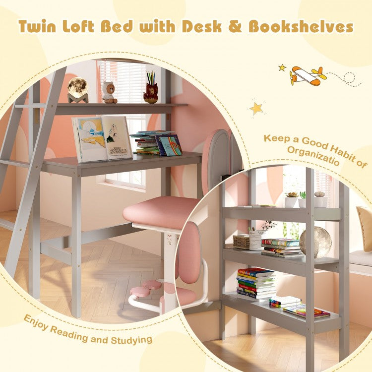 Solid Wood Twin Loft Bed with Desk and Storage Shelves for Kids and Teens - Grey