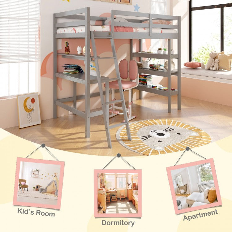 Solid Wood Twin Loft Bed with Desk and Storage Shelves for Kids and Teens - Grey