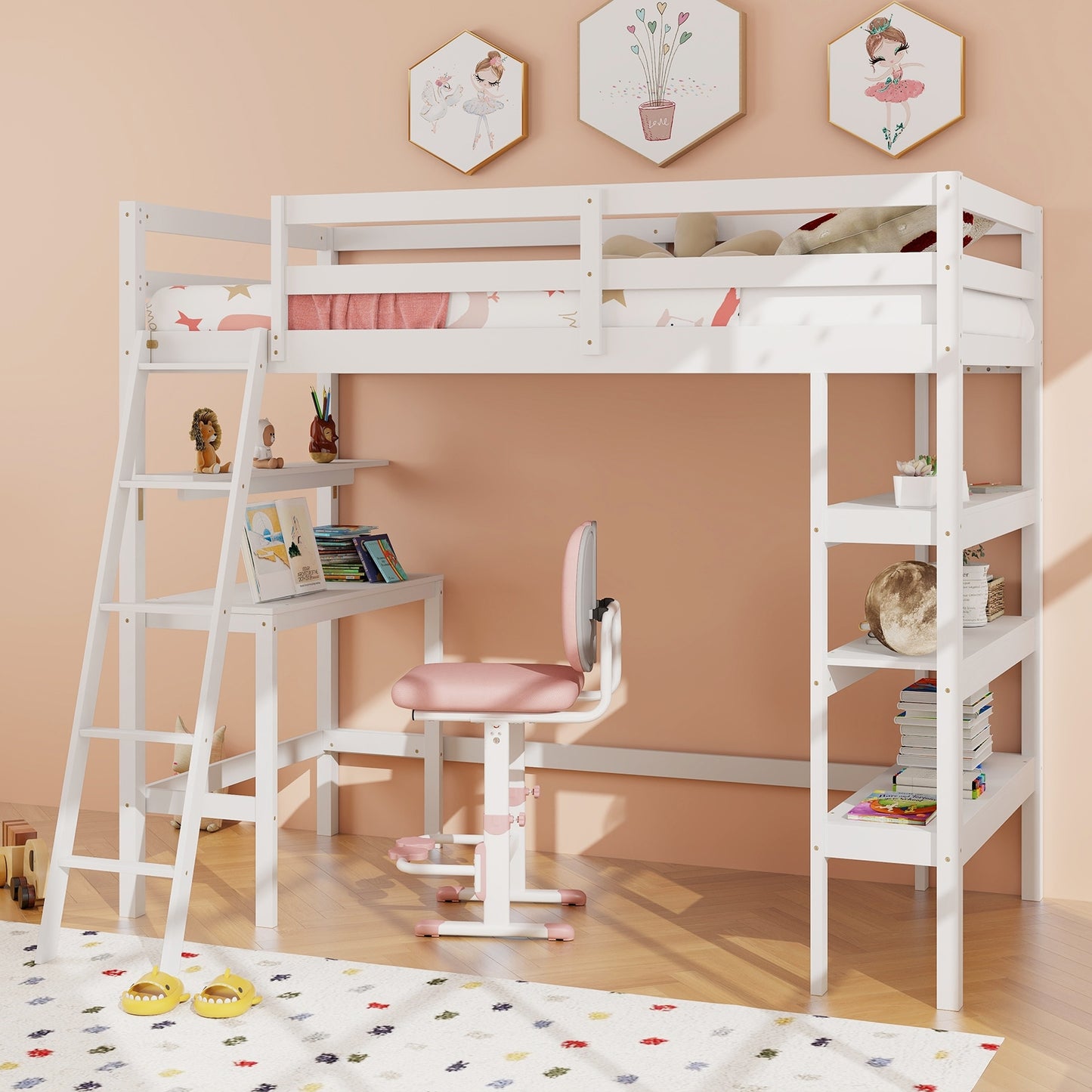 Solid Wood Twin Loft Bed with Desk and Storage Shelves for Kids and Teens - White