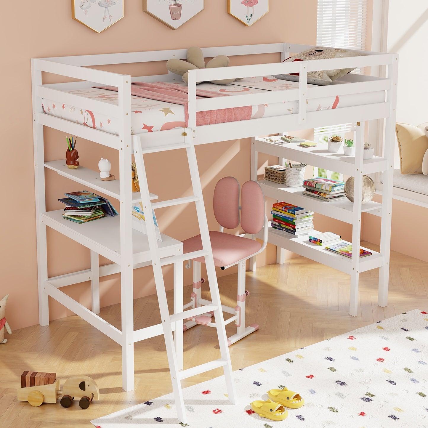 Solid Wood Twin Loft Bed with Desk and Storage Shelves for Kids and Teens - White