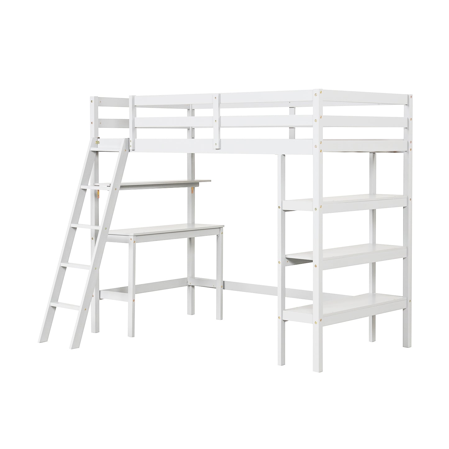 Solid Wood Twin Loft Bed with Desk and Storage Shelves for Kids and Teens - White