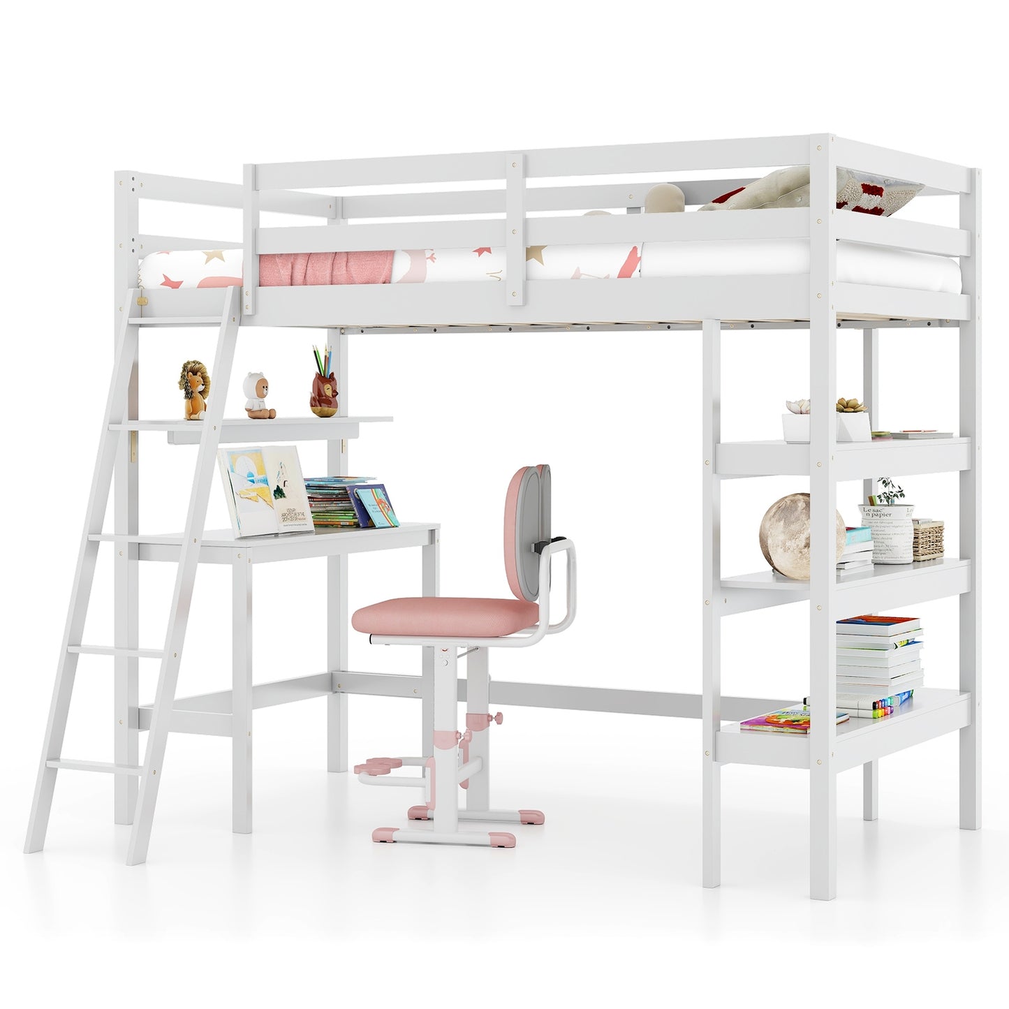Solid Wood Twin Loft Bed with Desk and Storage Shelves for Kids and Teens - White