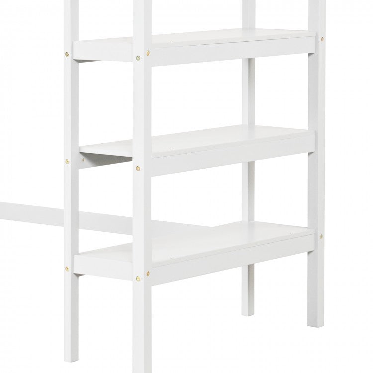 Solid Wood Twin Loft Bed with Desk and Storage Shelves for Kids and Teens - White
