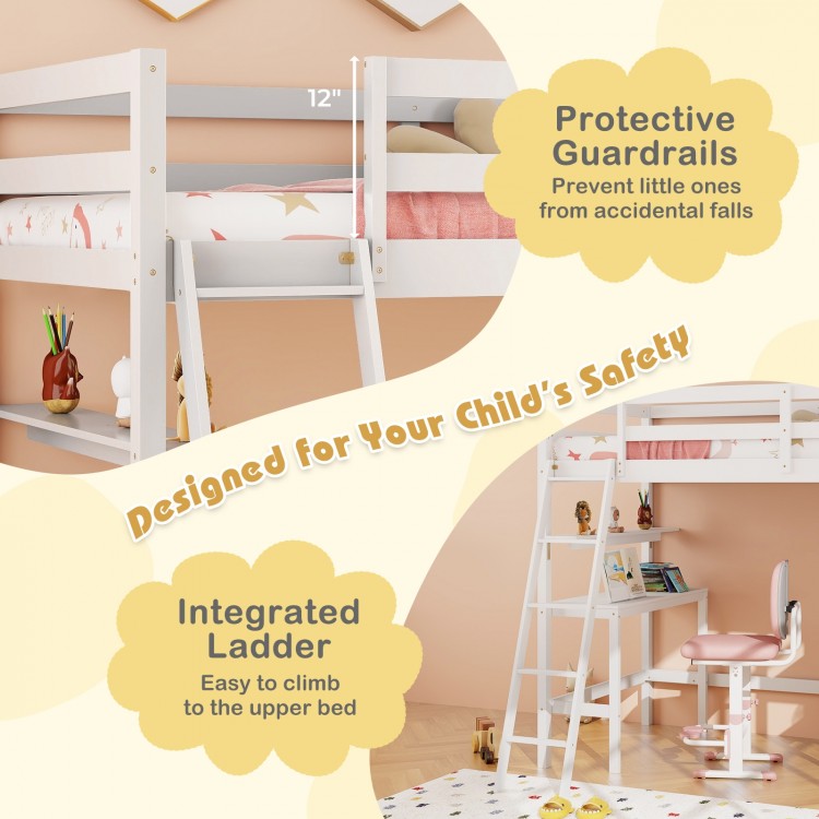 Solid Wood Twin Loft Bed with Desk and Storage Shelves for Kids and Teens - White