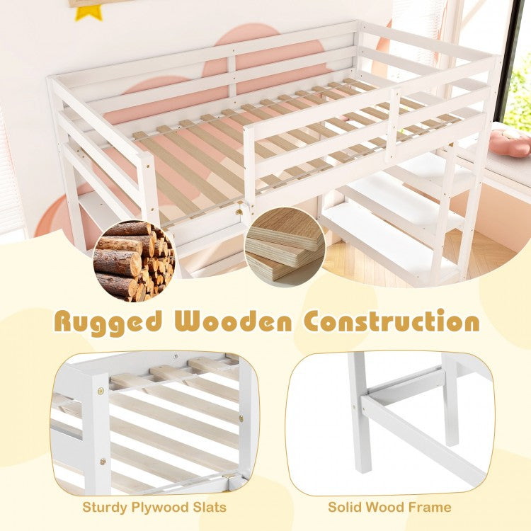 Solid Wood Twin Loft Bed with Desk and Storage Shelves for Kids and Teens - White