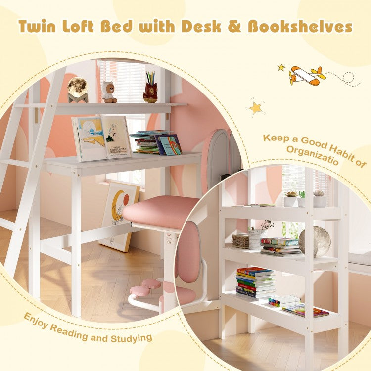 Solid Wood Twin Loft Bed with Desk and Storage Shelves for Kids and Teens - White