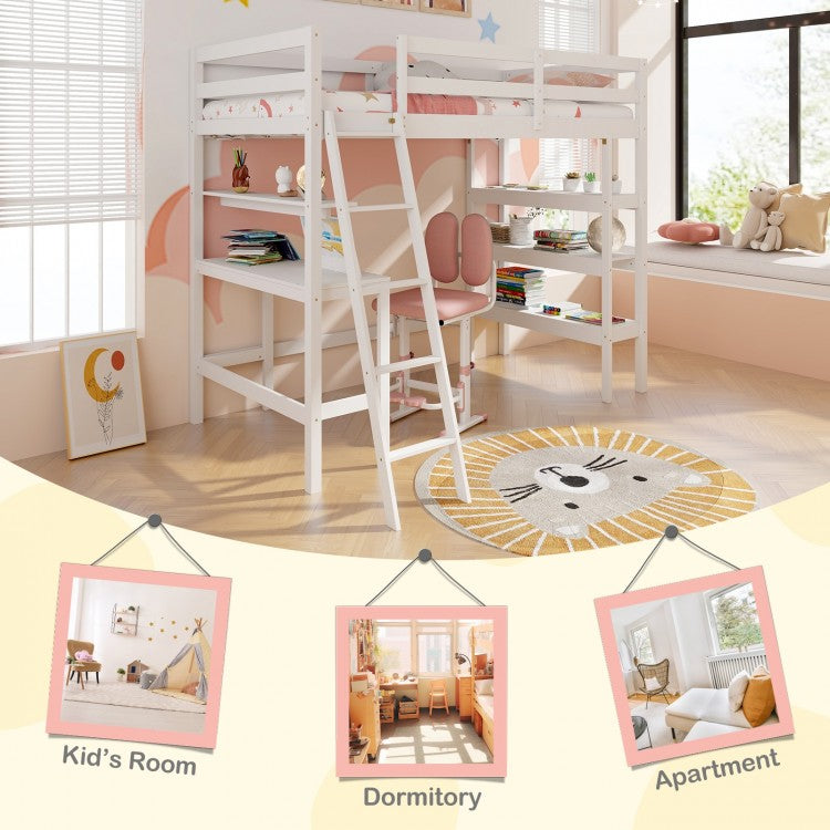 Solid Wood Twin Loft Bed with Desk and Storage Shelves for Kids and Teens - White