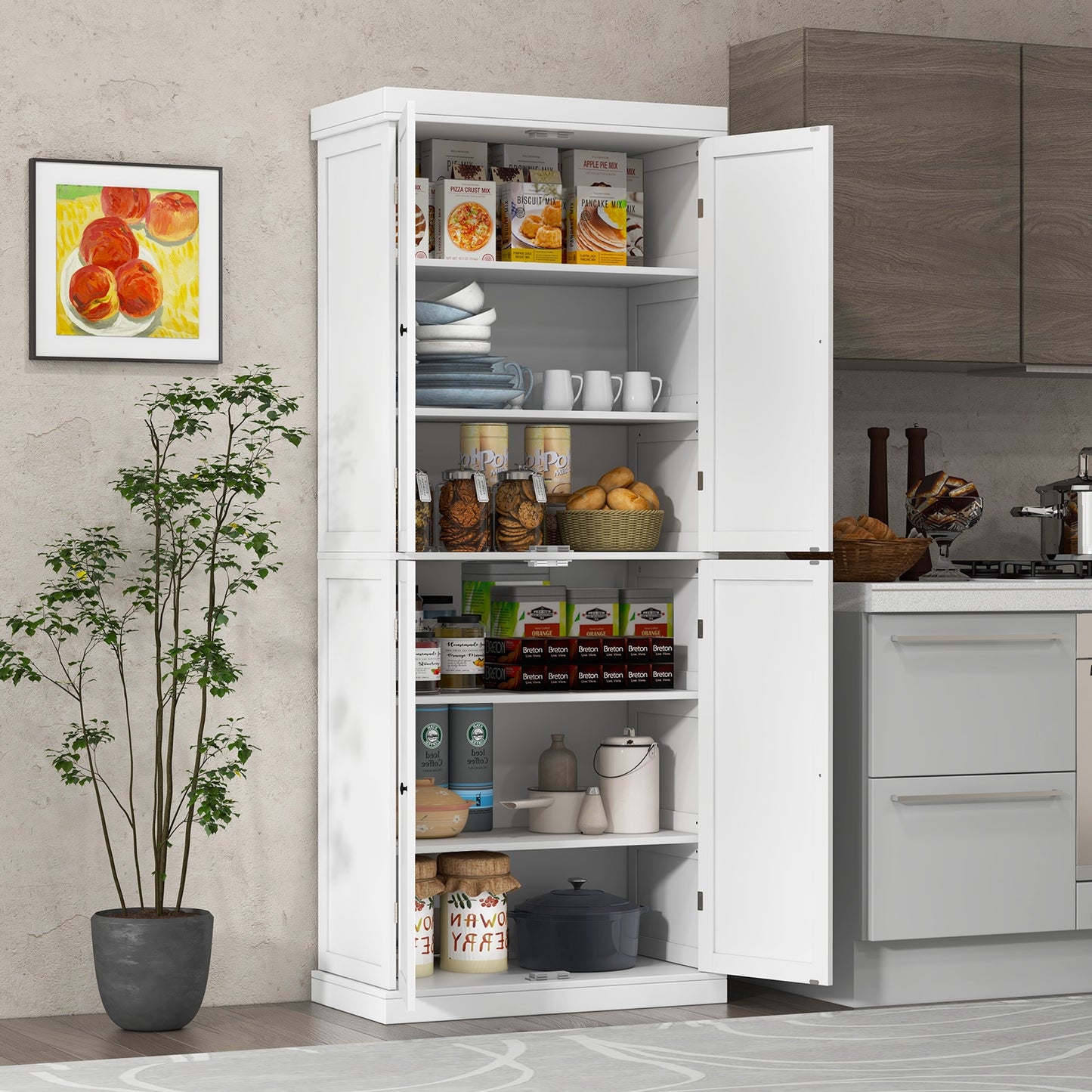 Tall Kitchen Pantry Cabinet with 6 Adjustable Shelves and 4 Doors for Storage and Organization White