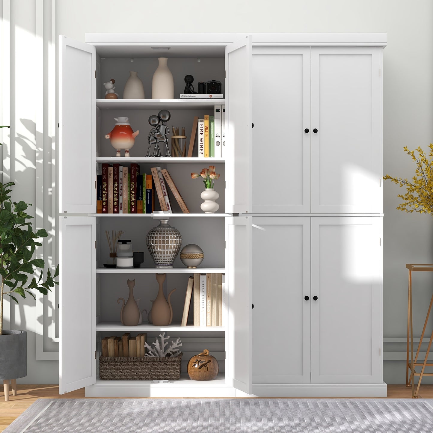 Tall Kitchen Pantry Cabinet with 6 Adjustable Shelves and 4 Doors for Storage and Organization White