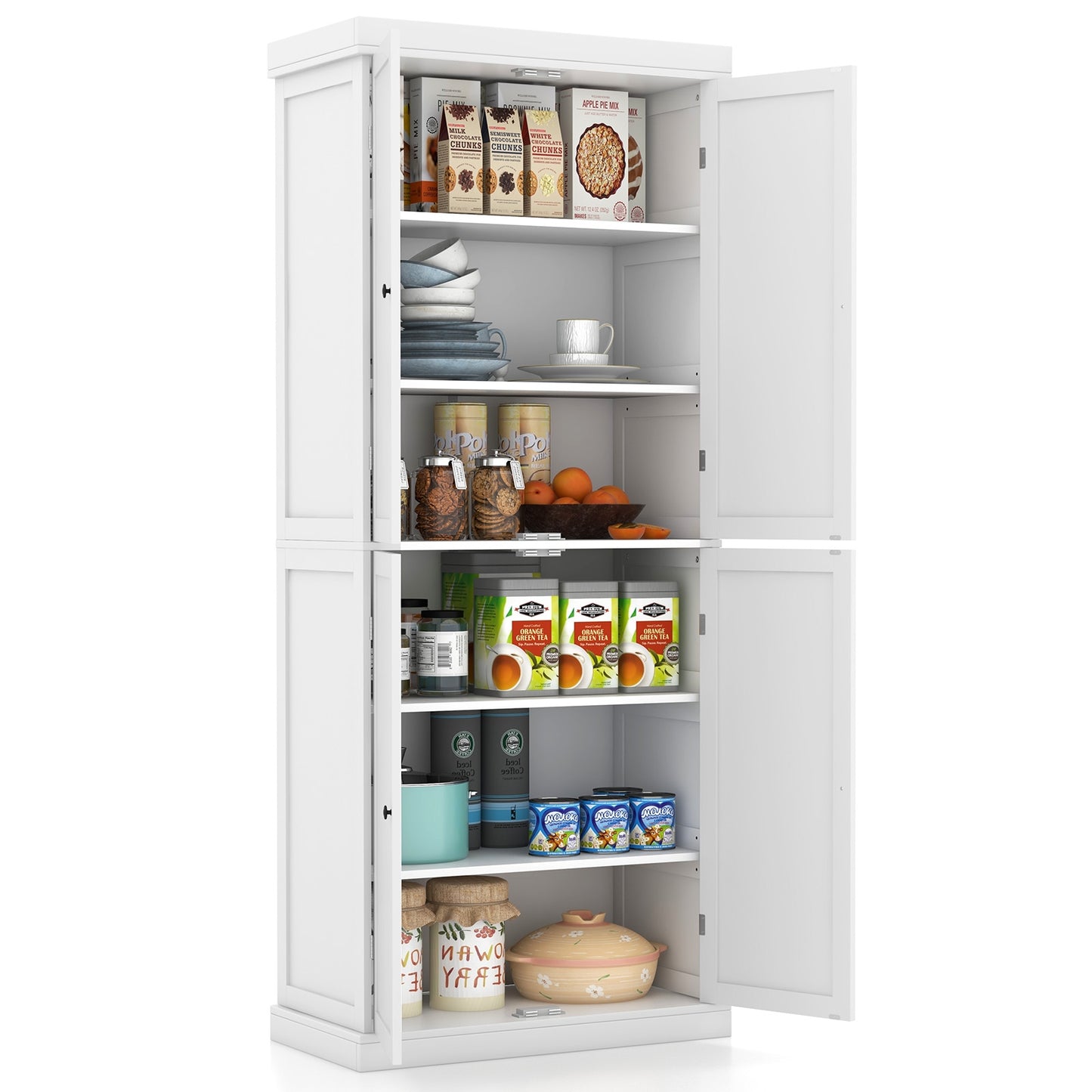 Tall Kitchen Pantry Cabinet with 6 Adjustable Shelves and 4 Doors for Storage and Organization White