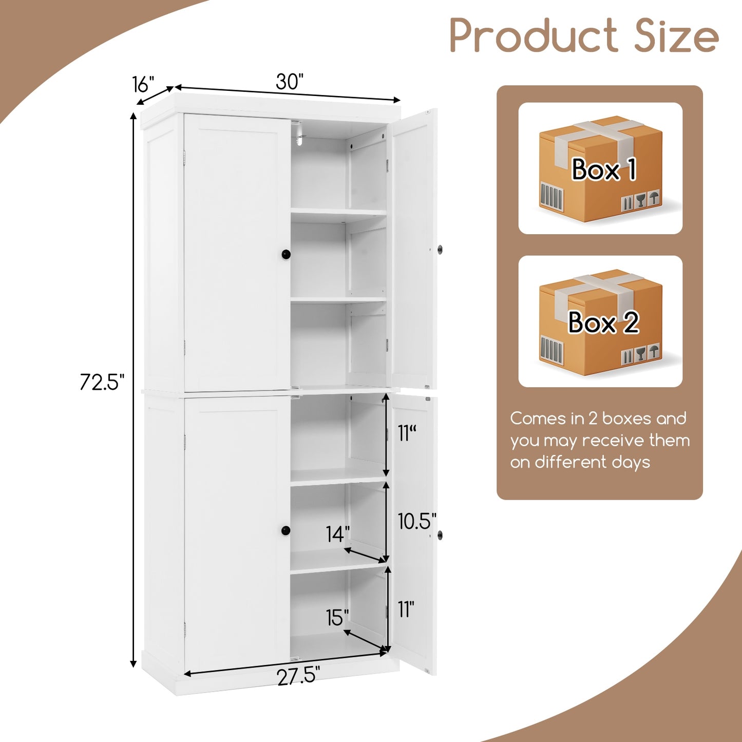 Tall Kitchen Pantry Cabinet with 6 Adjustable Shelves and 4 Doors for Storage and Organization White