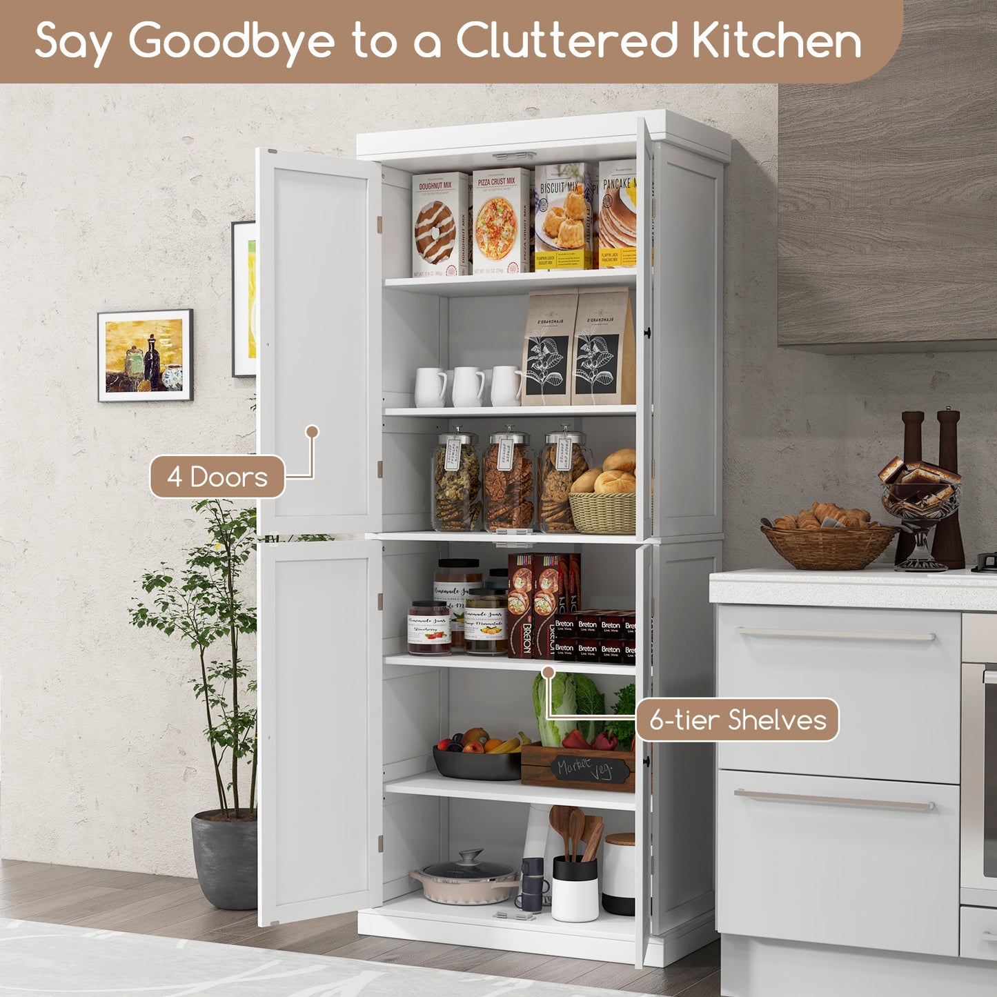 Tall Kitchen Pantry Cabinet with 6 Adjustable Shelves and 4 Doors for Storage and Organization White
