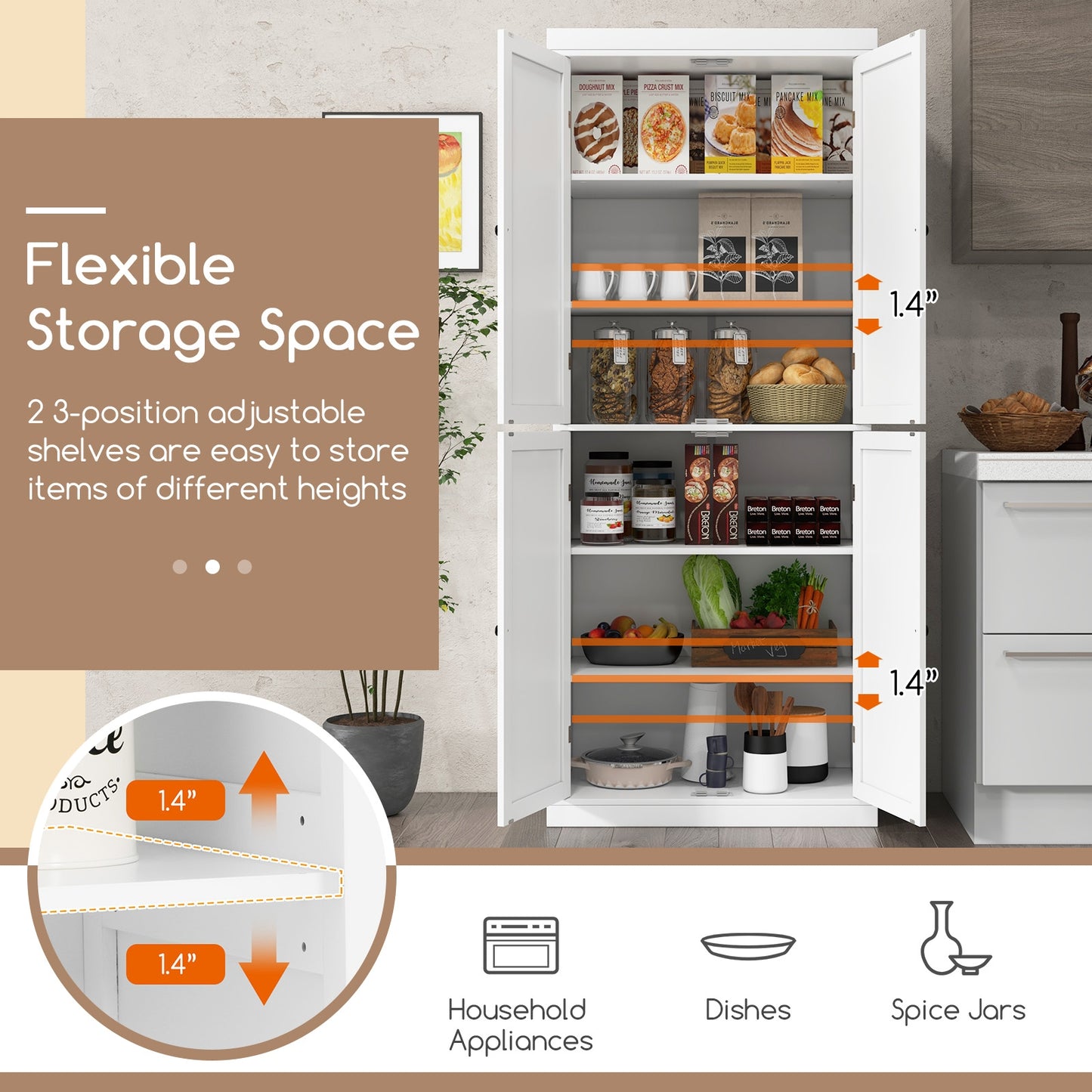 Tall Kitchen Pantry Cabinet with 6 Adjustable Shelves and 4 Doors for Storage and Organization White