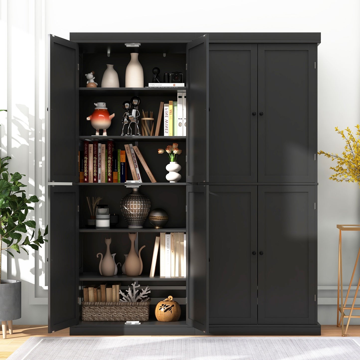 Tall Kitchen Pantry Cabinet with 6 Adjustable Shelves and 4 Doors for Storage and Organization Black
