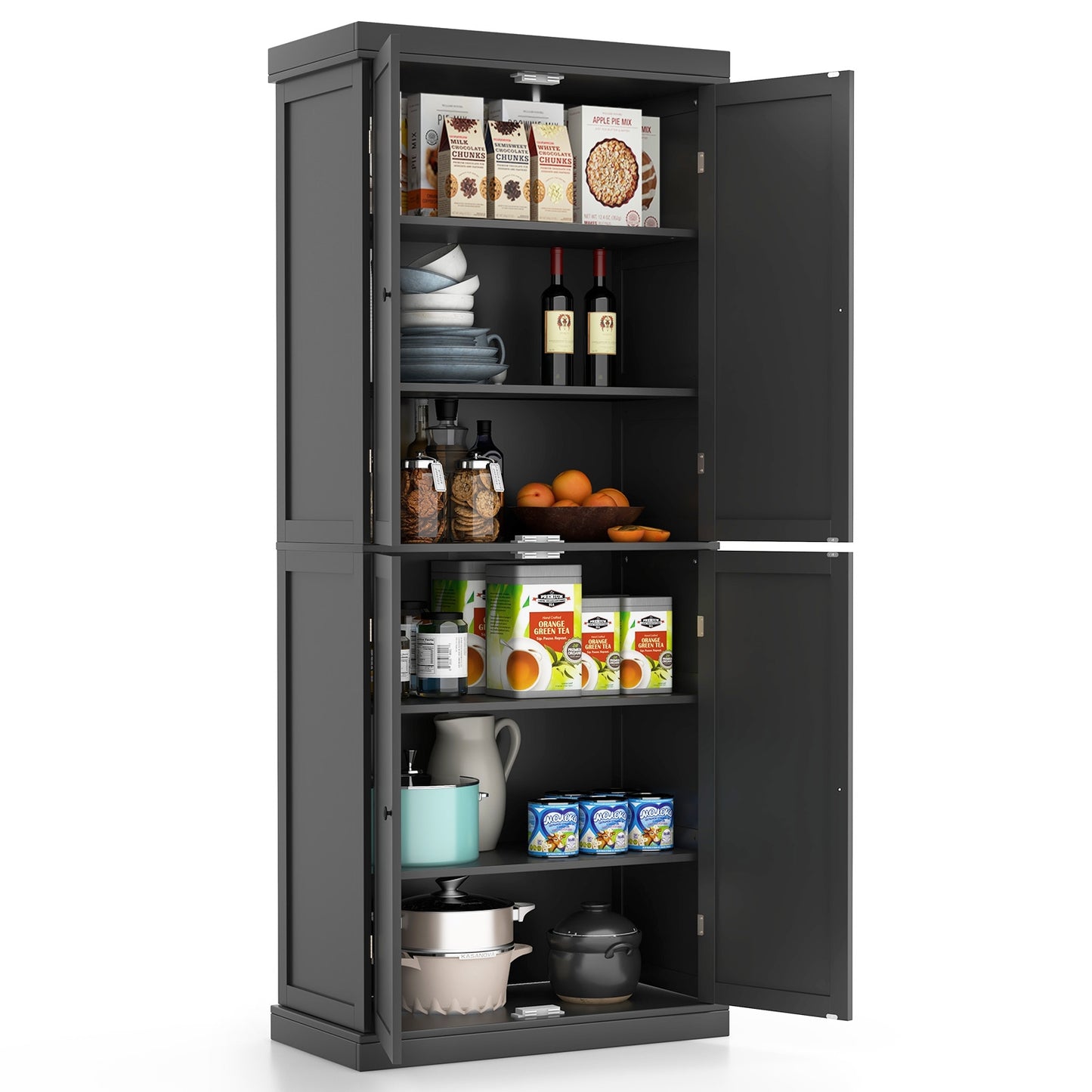 Tall Kitchen Pantry Cabinet with 6 Adjustable Shelves and 4 Doors for Storage and Organization Black