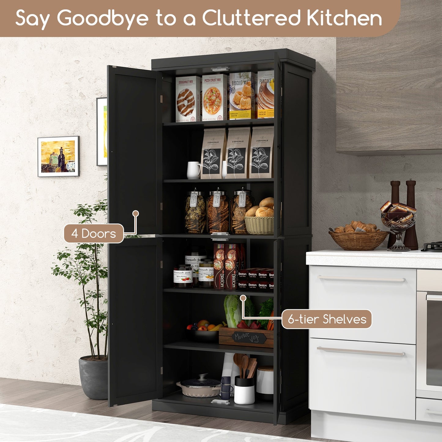 Tall Kitchen Pantry Cabinet with 6 Adjustable Shelves and 4 Doors for Storage and Organization Black