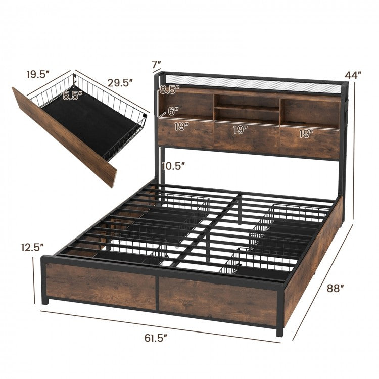 Metal Bed Frame with 3-Tier Bookcase Headboard, 4 Storage Drawers & Charging Station – Rustic Wood Finish, Full & Queen Size