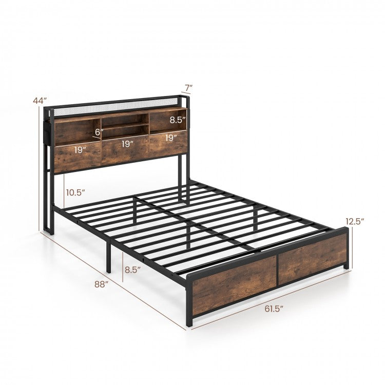 Metal Bed Frame with 3-Tier Bookcase Headboard and Built-in Charging Station – Full/Queen Size