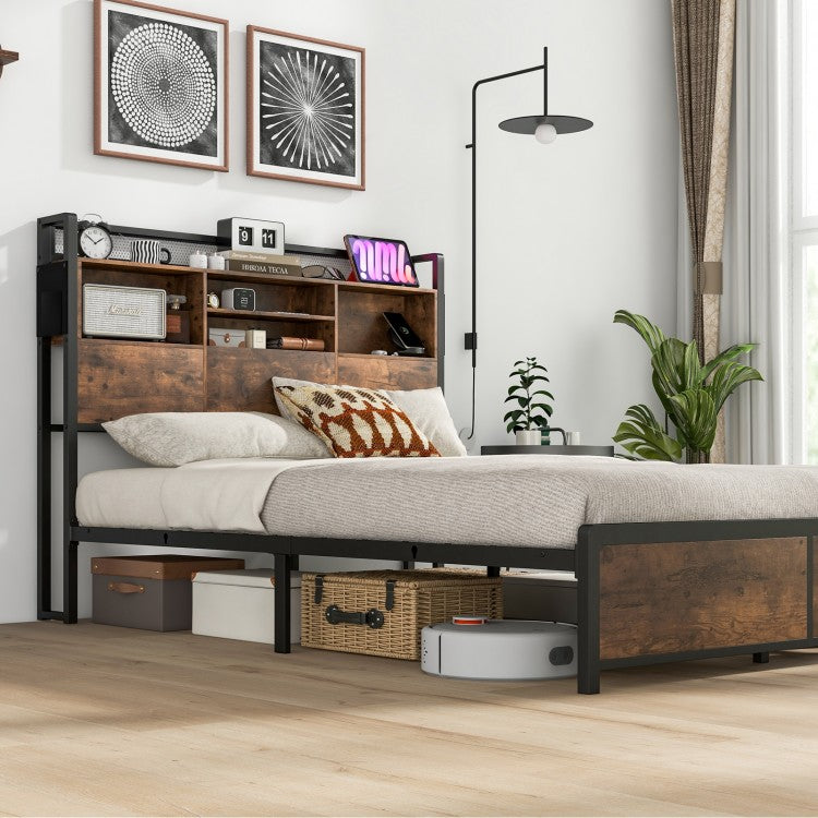 Metal Bed Frame with 3-Tier Bookcase Headboard and Built-in Charging Station – Full/Queen Size