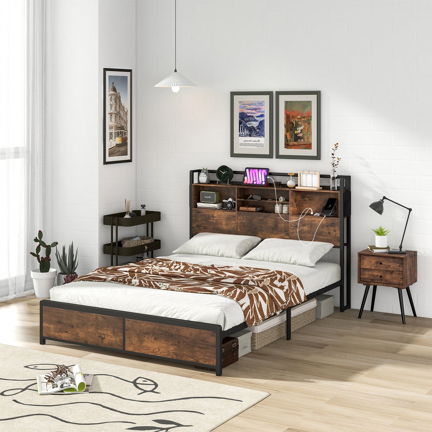 Metal Bed Frame with 3-Tier Bookcase Headboard and Built-in Charging Station – Full/Queen Size