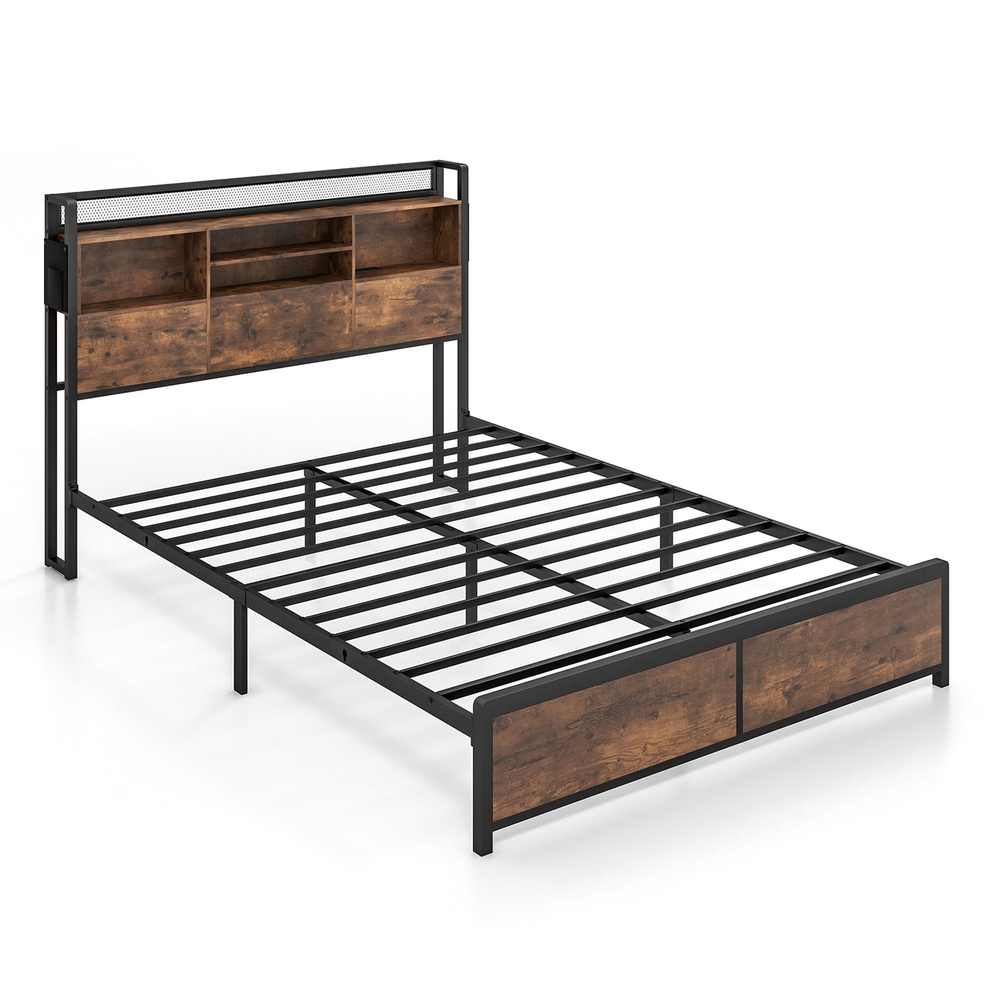 Metal Bed Frame with 3-Tier Bookcase Headboard and Built-in Charging Station – Full/Queen Size