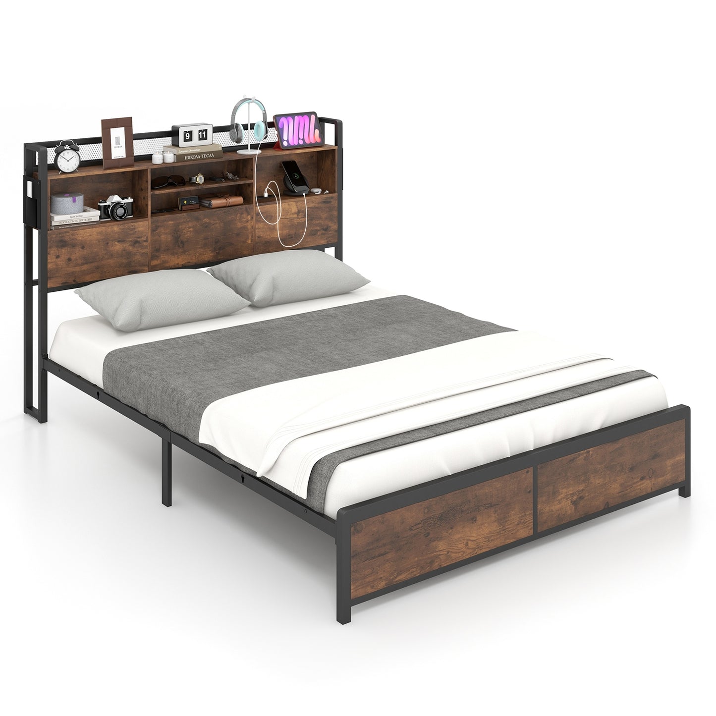 Metal Bed Frame with 3-Tier Bookcase Headboard and Built-in Charging Station – Full/Queen Size