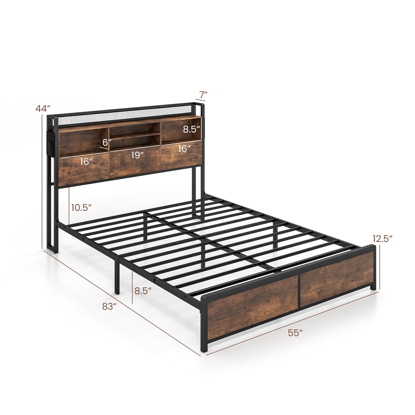 Metal Bed Frame with 3-Tier Bookcase Headboard and Built-in Charging Station – Full/Queen Size