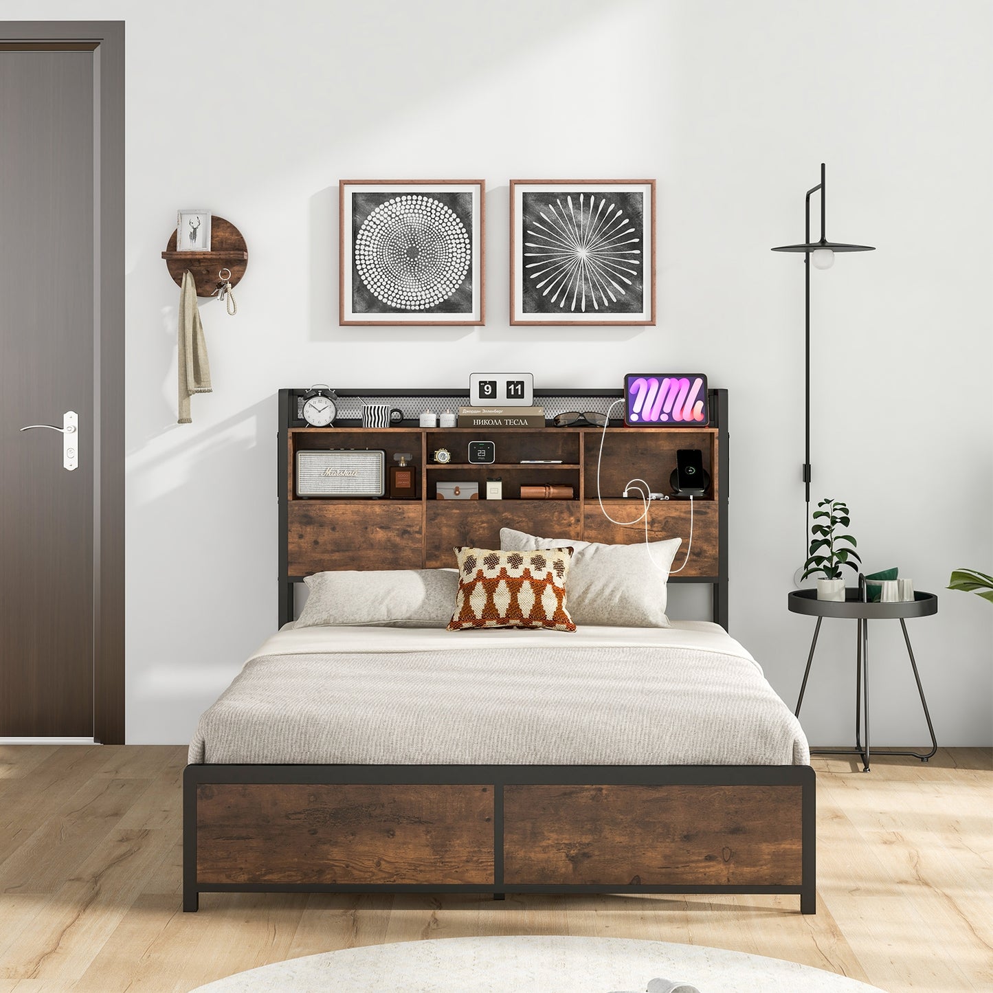 Metal Bed Frame with 3-Tier Bookcase Headboard and Built-in Charging Station – Full/Queen Size