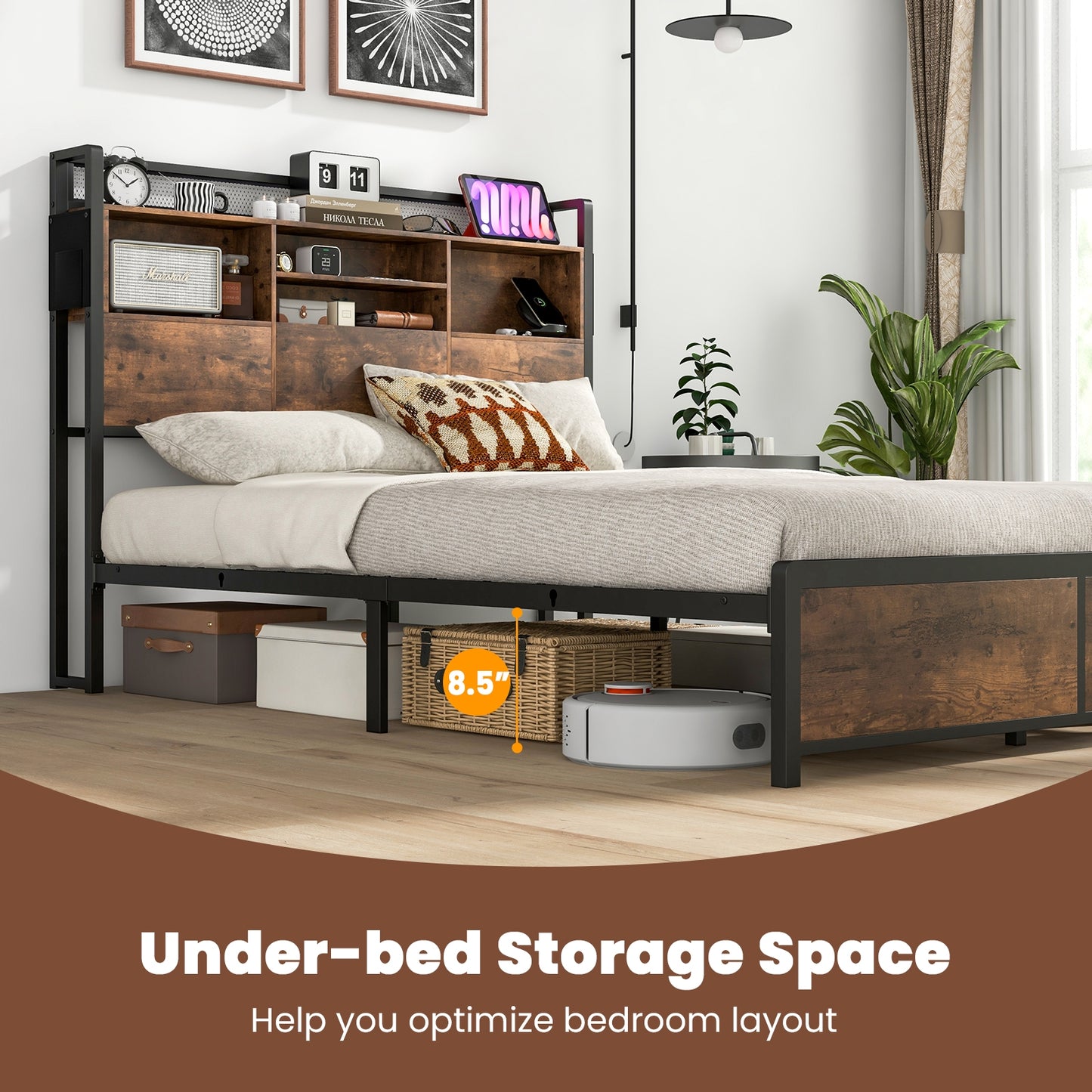 Metal Bed Frame with 3-Tier Bookcase Headboard and Built-in Charging Station – Full/Queen Size