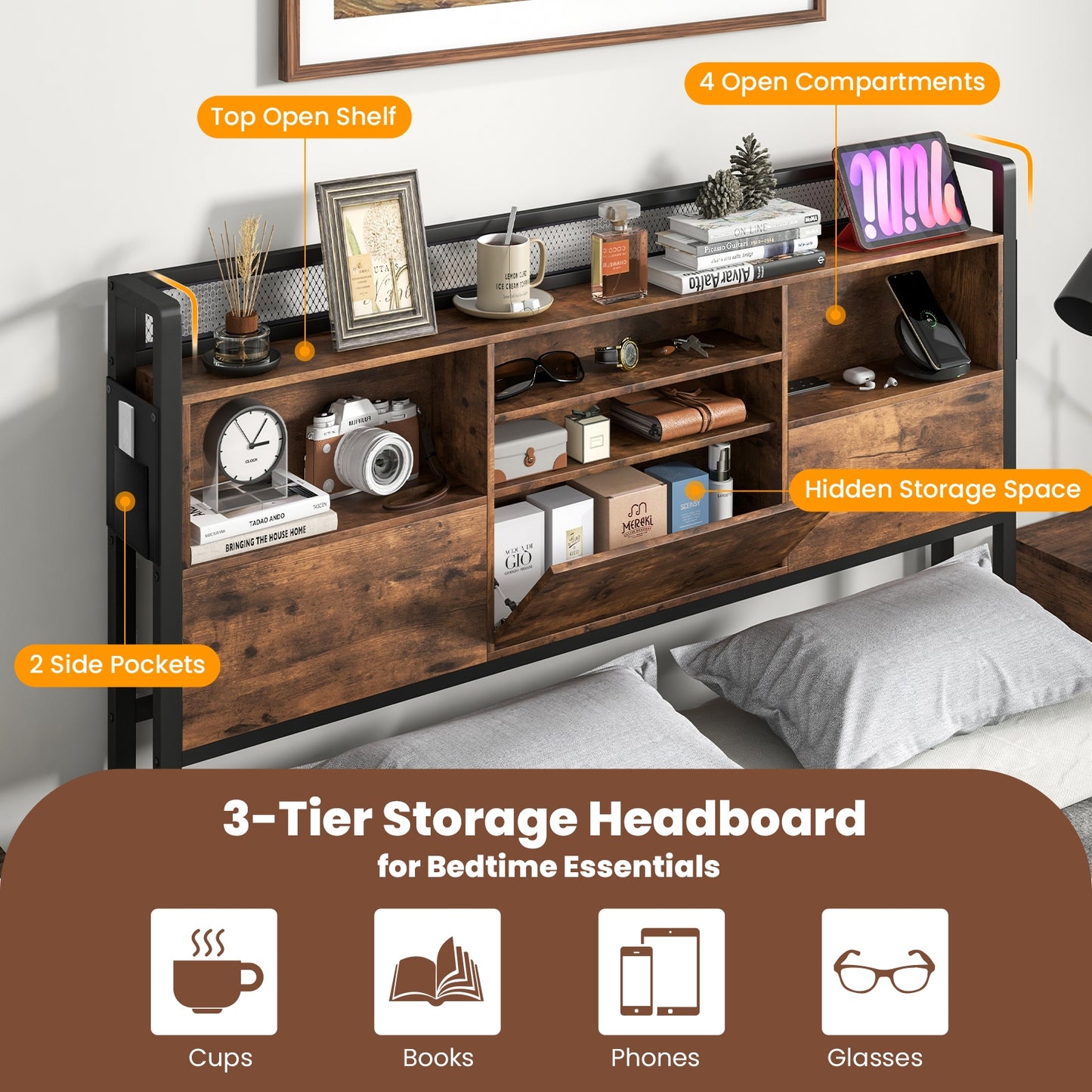 Metal Bed Frame with 3-Tier Bookcase Headboard and Built-in Charging Station – Full/Queen Size