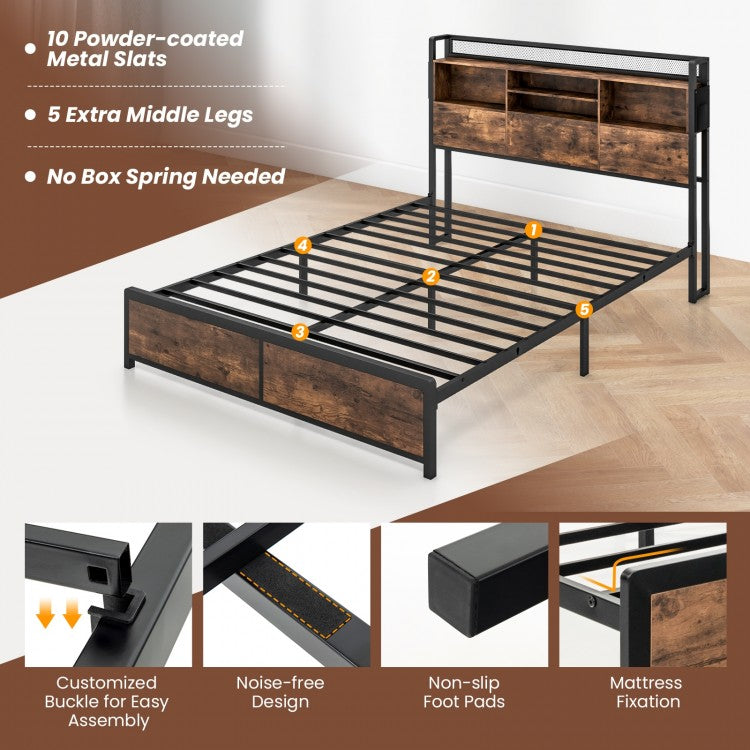 Metal Bed Frame with 3-Tier Bookcase Headboard and Built-in Charging Station – Full/Queen Size