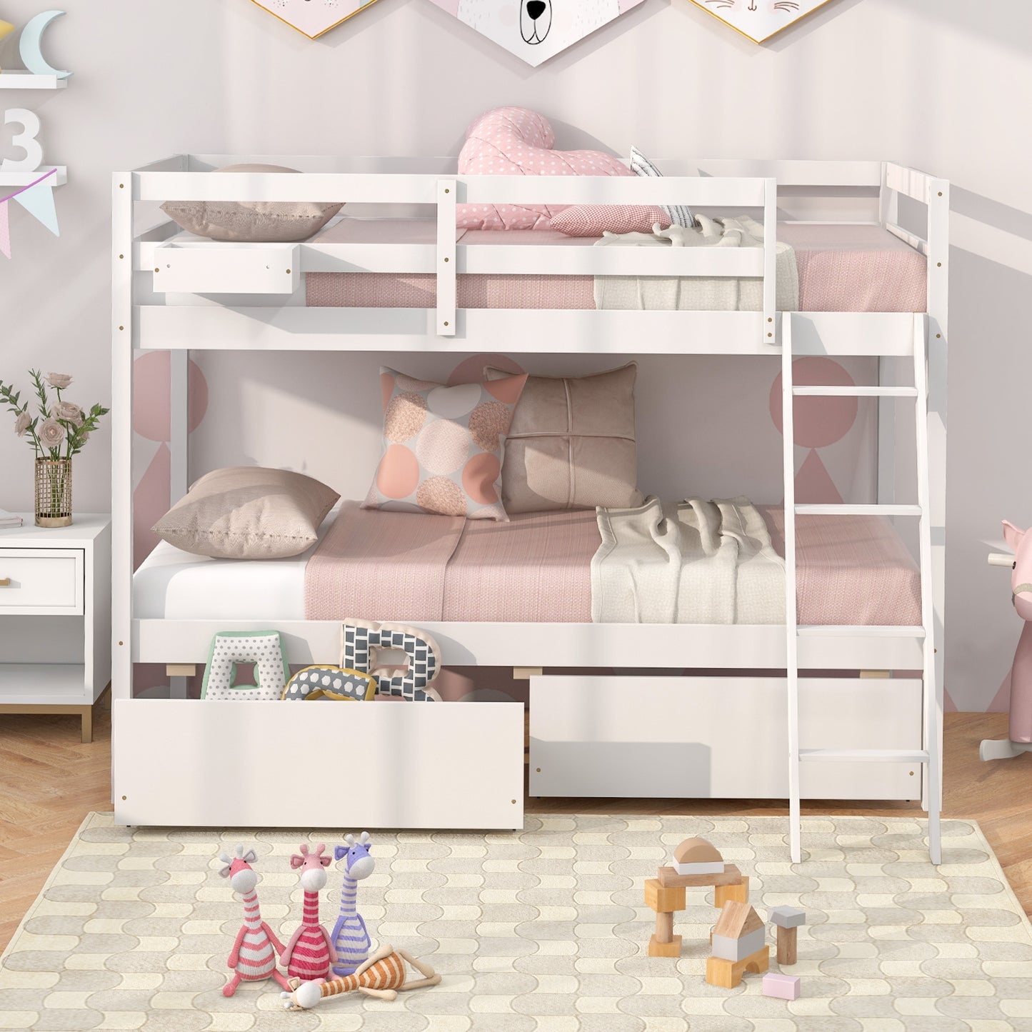 Space-Saving Twin Over Twin Bunk Bed with Storage Drawers and Ladder - White