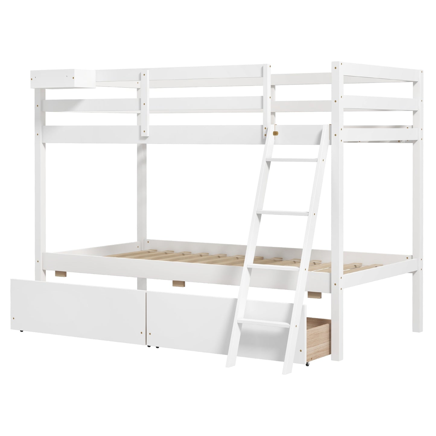 Space-Saving Twin Over Twin Bunk Bed with Storage Drawers and Ladder - White