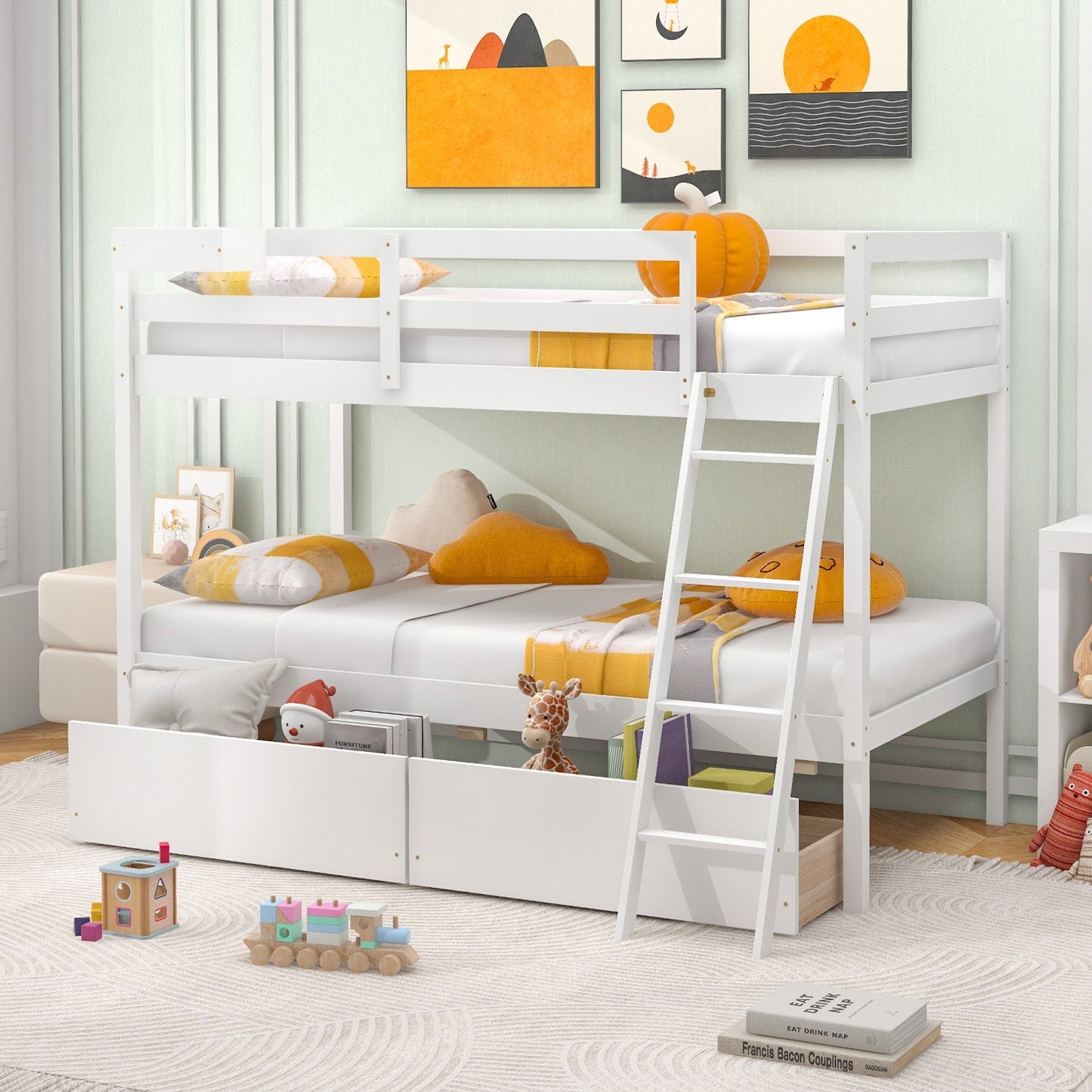 Space-Saving Twin Over Twin Bunk Bed with Storage Drawers and Ladder - White